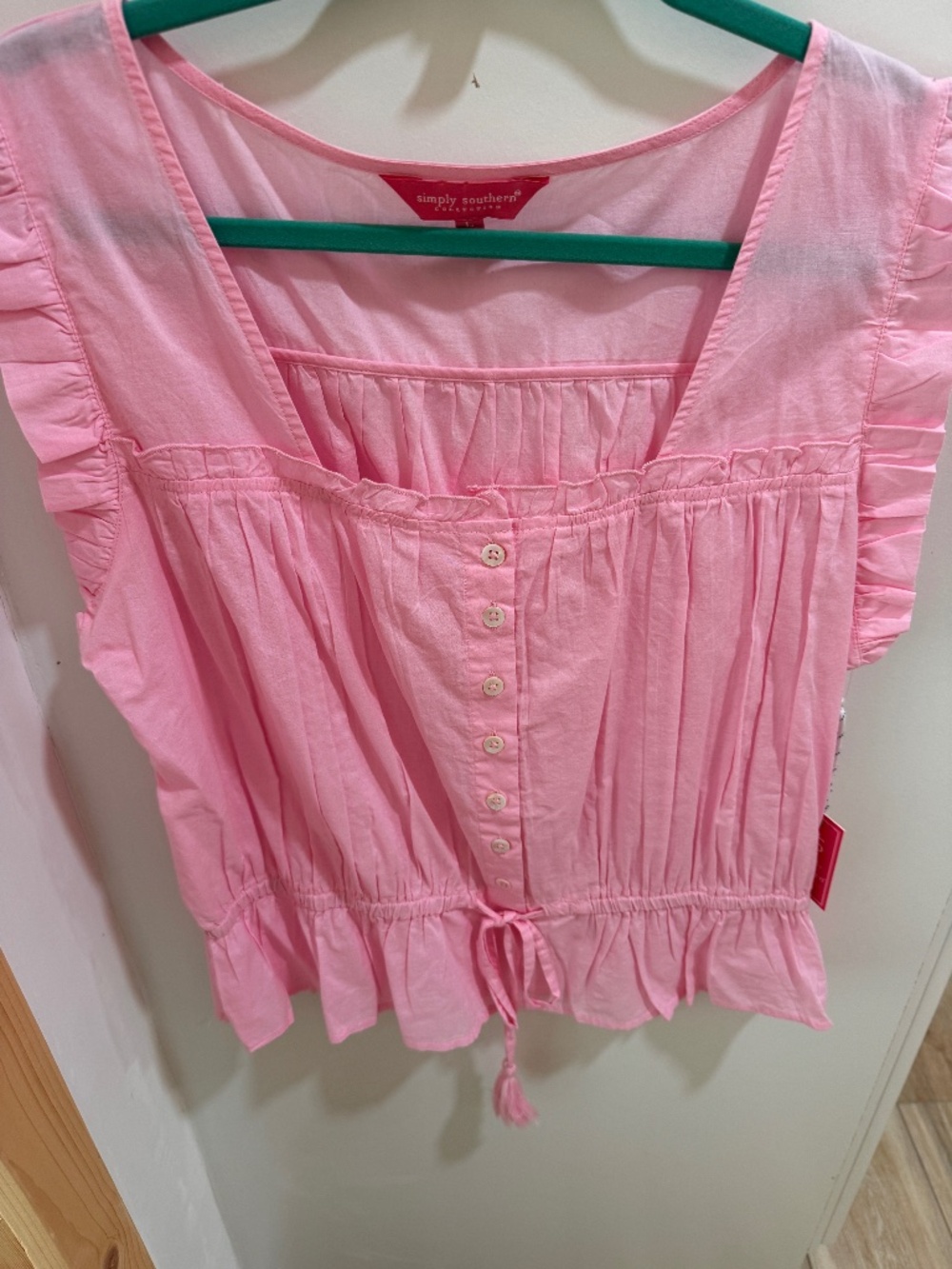 Womens Simply Southern top sz Large Pink flutter sleeve summer blouse NWT